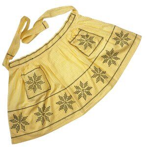 Vintage Yellow Gingham Half Apron with Pockets Cross Stitch Embroidered